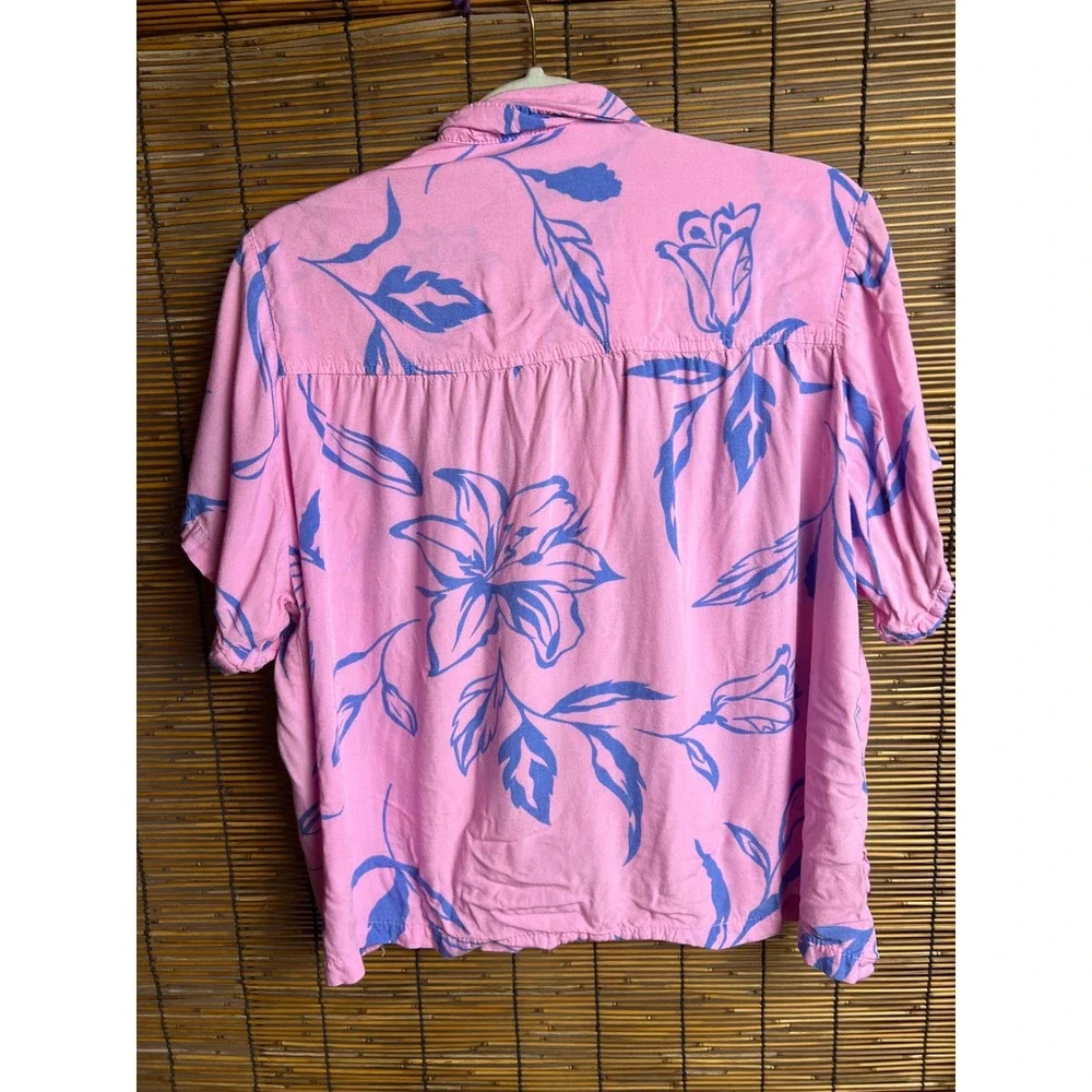 Makai Beach Hawaii Pink Blue Tropical Floral Rayon Button Down Shirt XL
